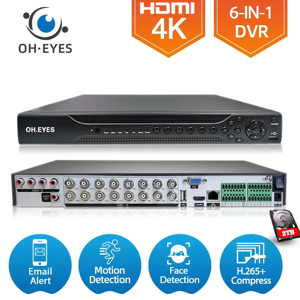 16 каналов 6 в 1 Гибридный DVR 4K распознавание лица 8MP CCTV цифровой видеорегистратор