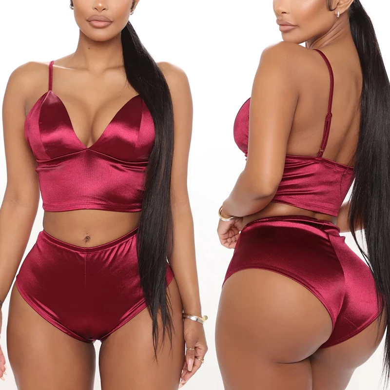 Sexy Bra &amp Briefs Set Women Lingerie Seamless Panty Push Up Bralette Underwear Wine Red Satin Open Bras | Женская одежда