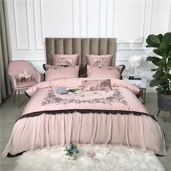 

Romantic Girls Women Chic Embroidery Duvet Cover 600TC Egyptian Cotton Bedding set Bed Sheet Quilt Cover 4/6Pcs Queen King Size