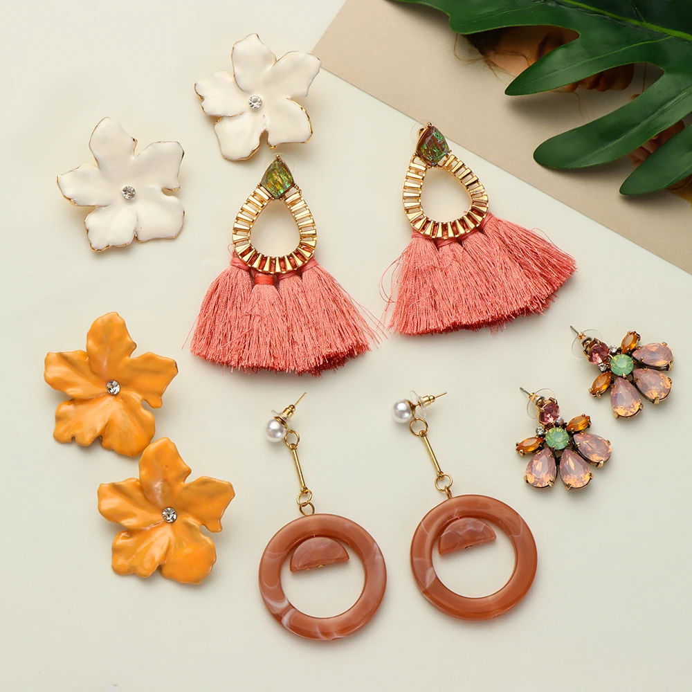 

1Pair Boho Print Geometric Earrings Orange Pink Resin Tassel Dangle Earrings Korean Simple Crystal Rhinestone Flower Earrings