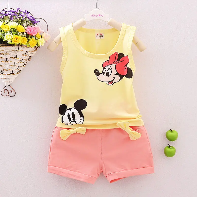Комплект одежды из 2 предметов для маленьких девочек 2-5 лет, футболка с принтом Микки и Минни Маус топ+ шорты, комплекты со штанами - Цвет: Цвет: желтый