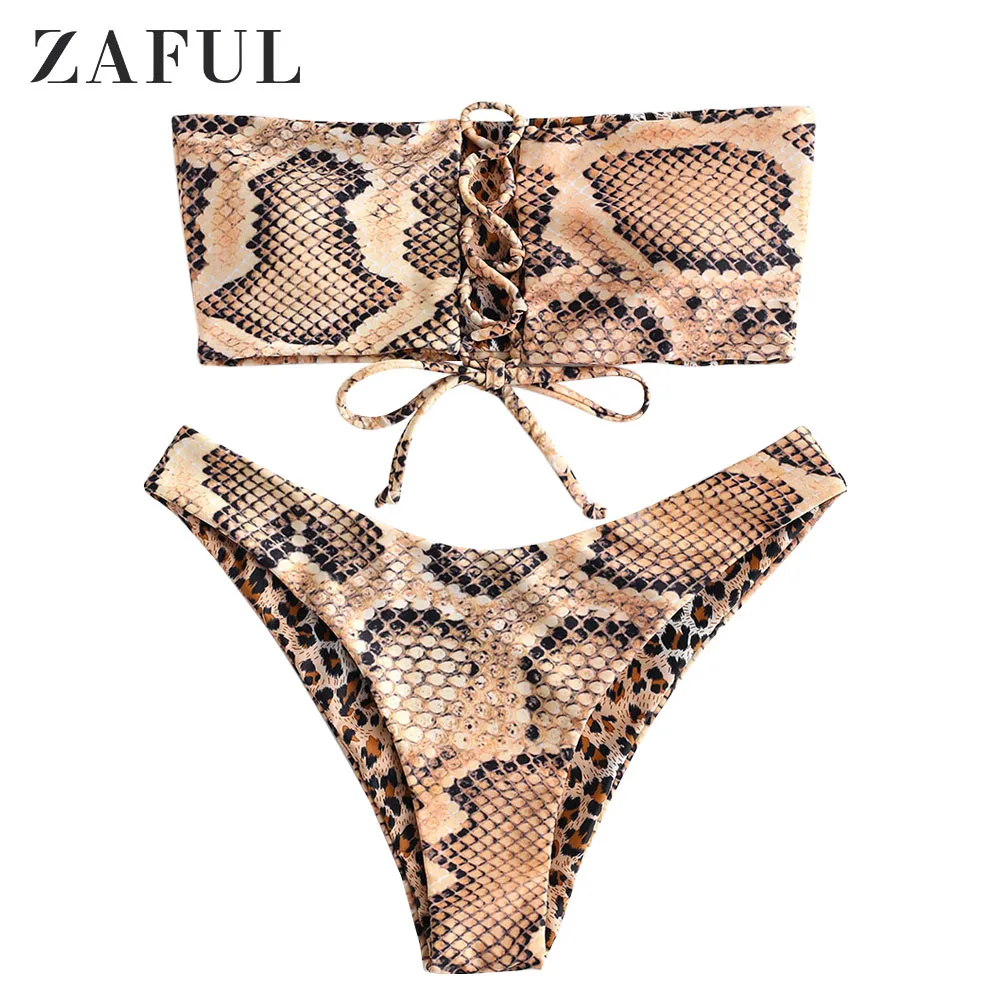  ZAFUL Women Sexy Snakeskin Leopard Lace-Up High Leg Reversible Bikini Swimsuit Strapless High Cut B