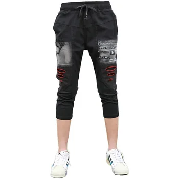 

Summer Ankle-lenght Pants For Women Black Color Cargo-pants Drawstring Trousers Female Pencil Legs Jeas Streetwear With Hole
