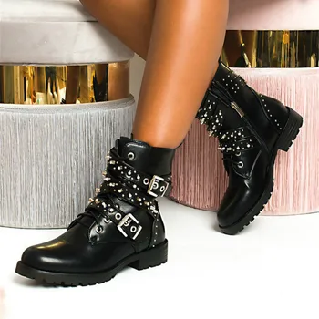 

Brand New 2020 Fashion Rivets Square Heels Ankle Boots Customized Shoes Women Motorcycles Boots