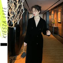 Kobiety aksamitny płaszcz 2020 jesień zima elegancki Kimono otwórz Stitch czarny welur długi Trech płaszcz Femme Robe znosić