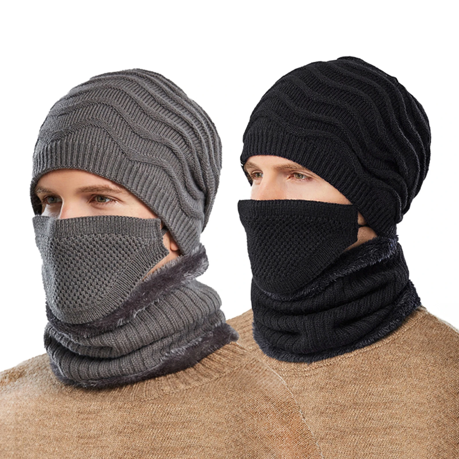 3 In 1メンズニット帽ビーニースカーフフェイスバラクラバセット冬厚手暖かい帽子ネックウォーマーサイクリングスキー用ボネット Cycling Caps Aliexpress