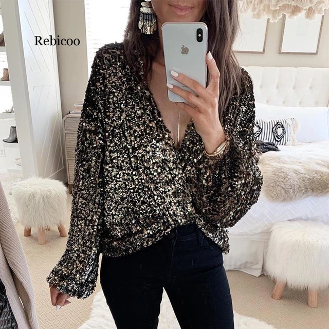 Blusas de manga larga para mujer, blusa Sexy de lentejuelas con purpurina negra, cuello V profundo, ropa de calle para fiesta, Tops de moda - AliExpress