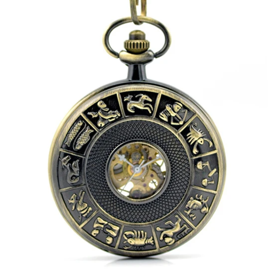 

Fashion Twelve constellations Mechanical Hand Wind Watch vintage analog skeleton Pocket Watches for Men Women