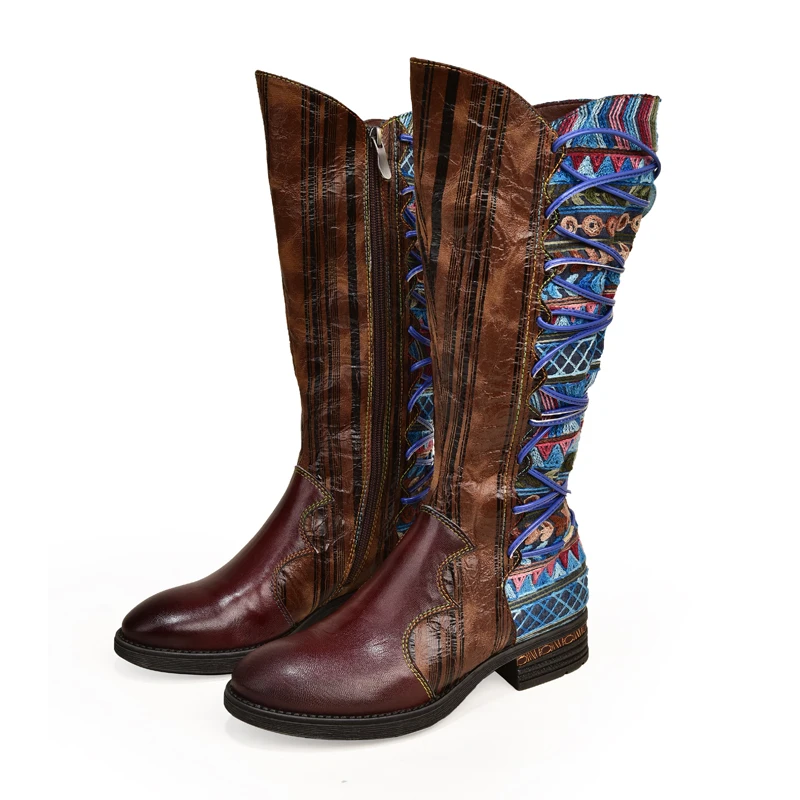 Женская кожаная обувь в этническом стиле; сапоги до колена; коллекция года; оригинальные разноцветные женские высокие сапоги ручной работы на молнии