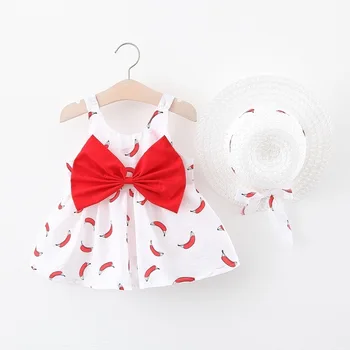 

Summer Dress Sleeveless Infant Girls Big Bowknot Suspender Hat Dress Sweet Newborn Kids Cotton Printed Toddler Baby Dresses Girl