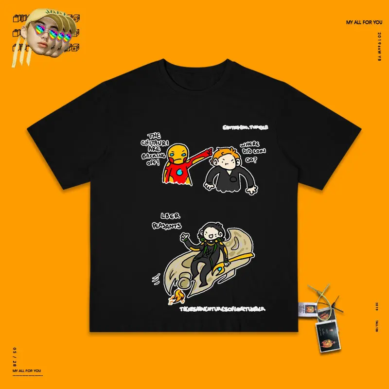 Wang You Disease Studio Hong Kong Flavor Chia Wind Hand Doodle футболка для мужчин и женщин Boyfriend Wind Tee - Цвет: black