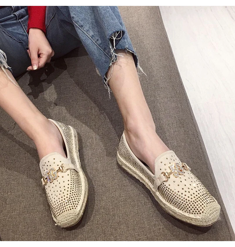 Fashion Hemp Loafers Women Espadrilles Flats Shoes Sewing Rhinestone Round Toe Ladies Casual Moccasins Slip On Brand Style New