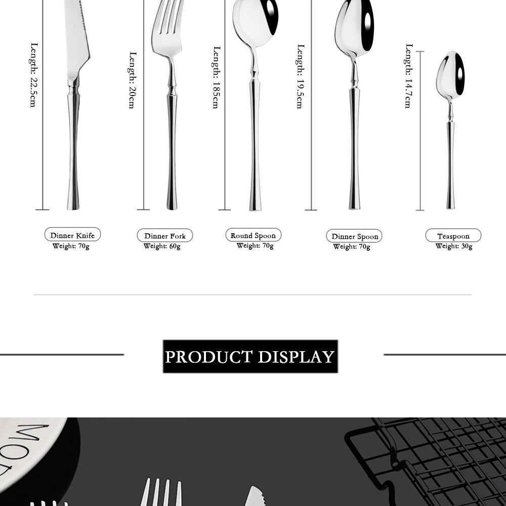 Description Picture 5 of itemSilver Flatware Cutlery Luxury 304 Stainless Steel Dinnerware Set Mirror Polishing Tableware Set Dinner Knife Dessert Fork Spoon