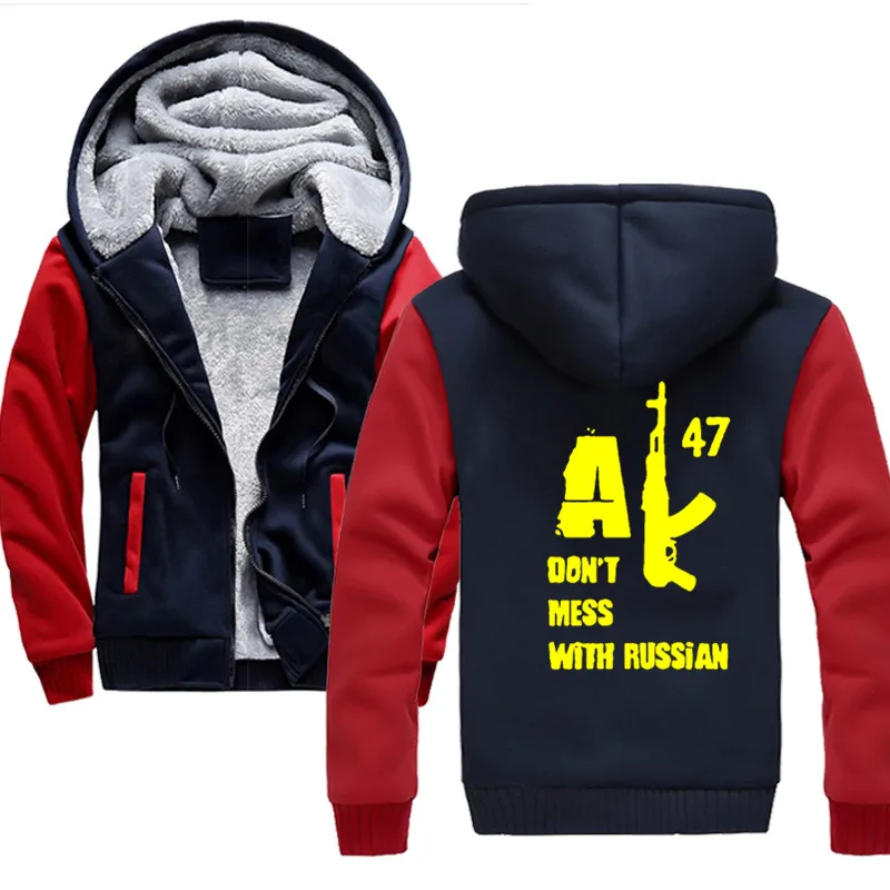 

US size Men New Design AK47 Dont mess with Russian Cartoon Jacket Thicken Hoodie Zipper Winter Fleece Unisex Coat
