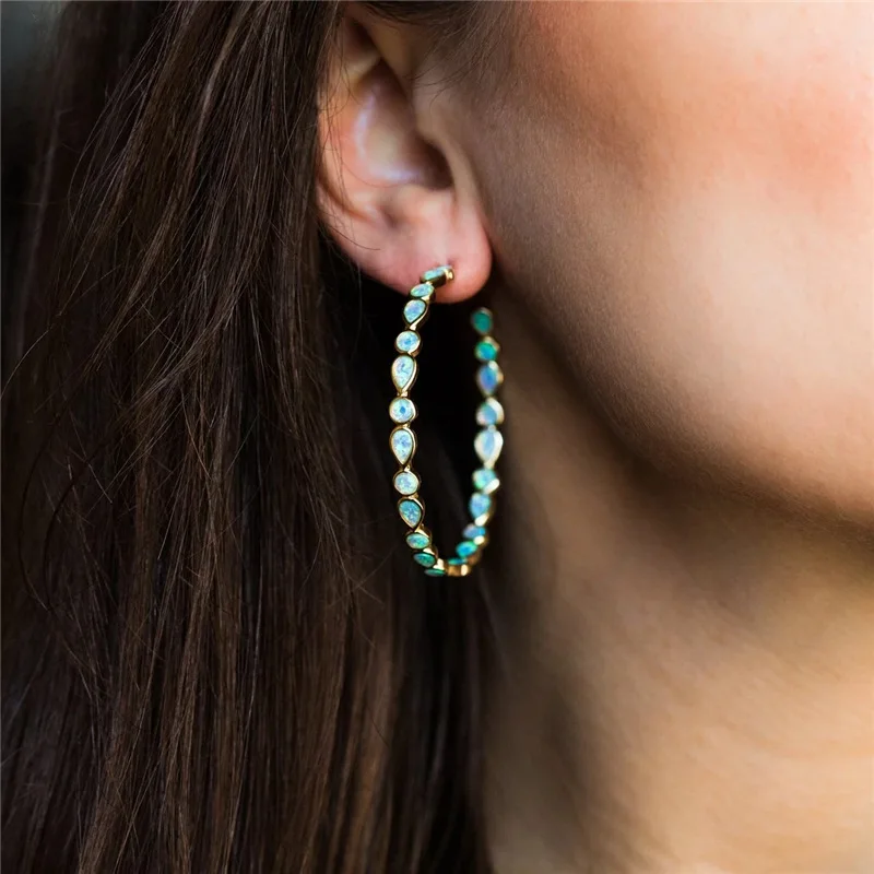 Большие серьги-кольца с опалом 18K C изящные женские модные лунным камнем и
