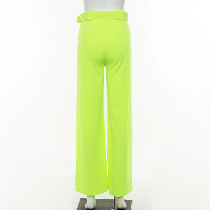 Женские модные широкие брюки офисные женские элегантные брюки с высокой талией флуоресцентные цветные повседневные однотонные брюки палаццо с поясом