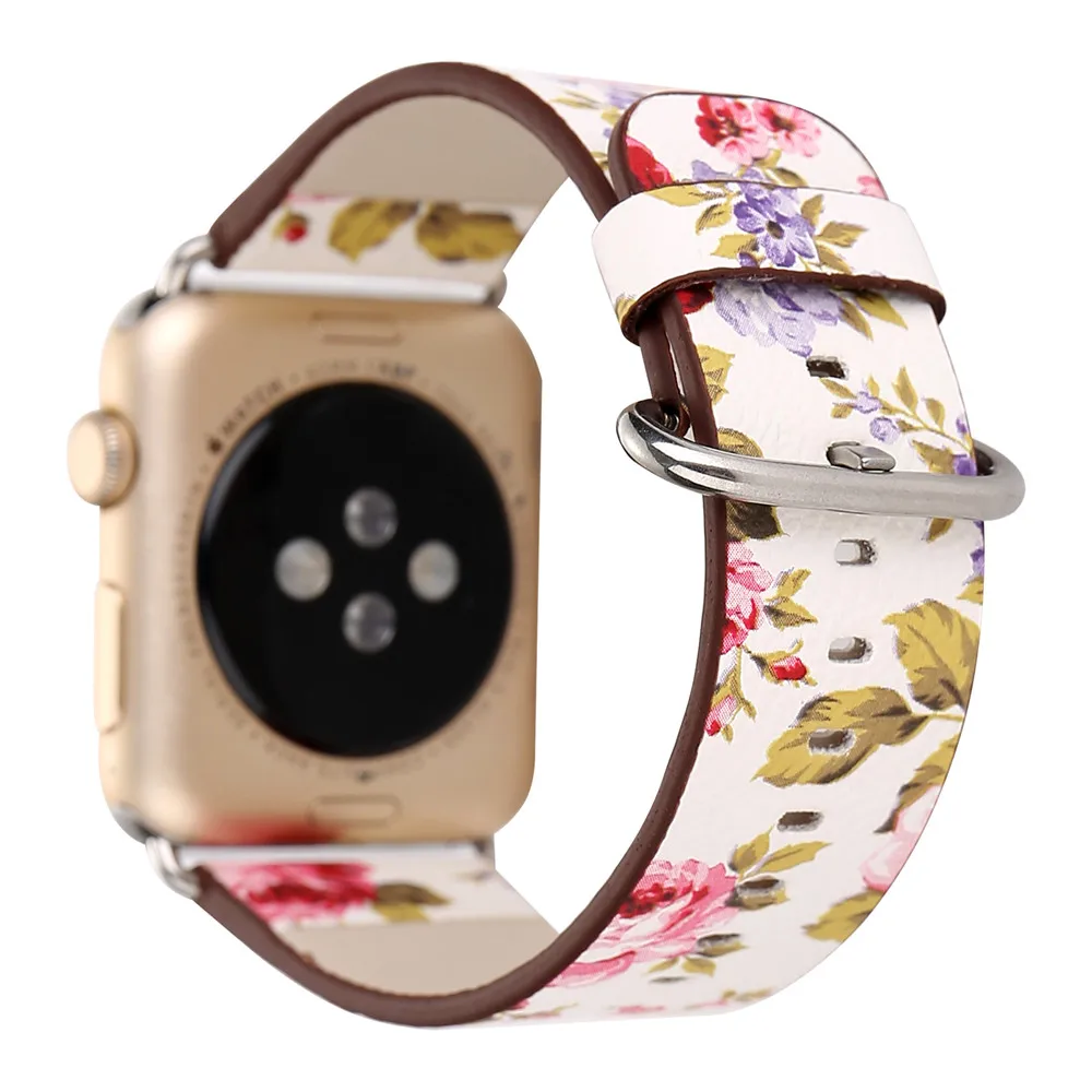 Ремешок для часов из натуральной кожи для Apple Watch 5 4 40 мм 44 мм 38 мм 42 мм с цветочным принтом ремешок для iwatch 1 2 3 4 5 браслет ремень