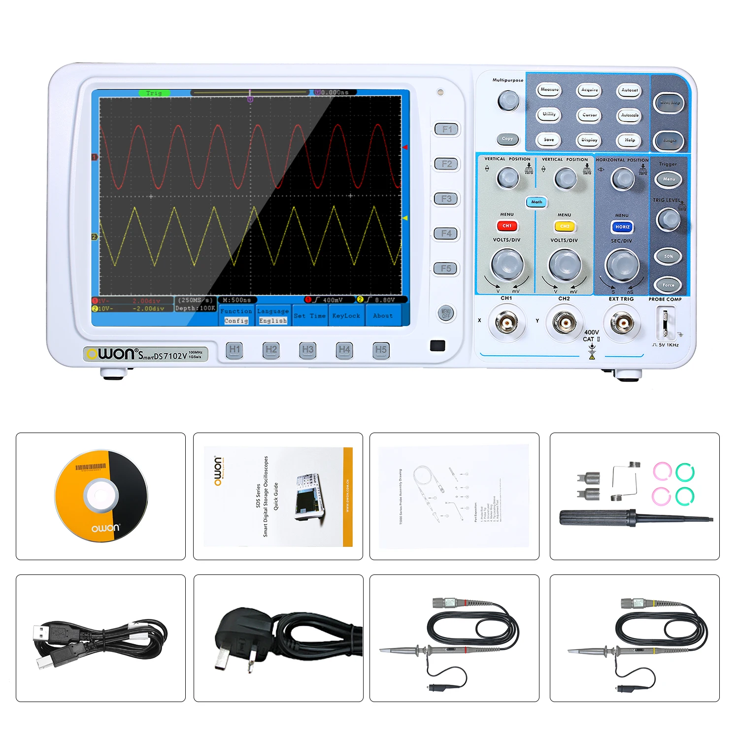 SDS7102V для OWON 100 МГц цифровой осциллограф 1 г/локон большой " ЖК-дисплей с VGA выходом 2 канала 10 м длина записи цифровой осциллограф