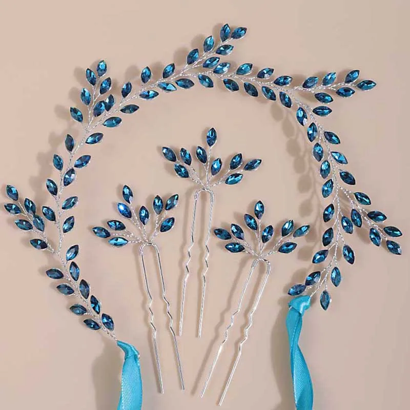 Bridal Blue Red Headband with Hair Pins Crystal Wedding Headpieces for Bride Rhinestones Vine Wedding Accessories for Flowe