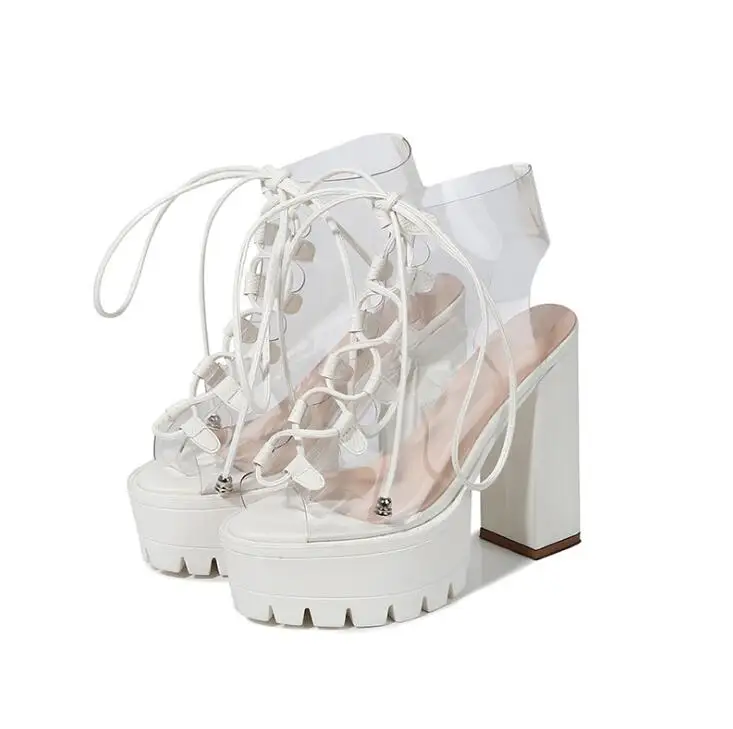 Новинка; женские ботинки из ПВХ с открытым носком и перекрестными ремешками; пикантные прозрачные модные ботинки ярких цветов; большие размеры - Цвет: Белый