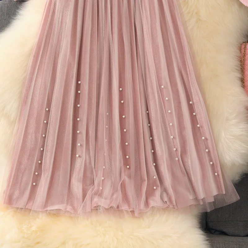 Женские модные свитера, сетчатая юбка, повседневные Костюмы, вязаный Леопардовый джемпер с длинным рукавом, топы и длинная юбка из бисера, комплект из двух предметов для женщин