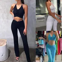 

80% Hot Sales!!Women Outfit Solid Color Drawstring Summer Sleeveless Crop Top Pants Set for Dating
