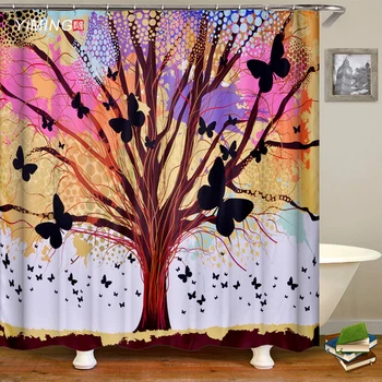 

Painting butterfly big tree printing bathroom shower curtain polyester washable fabric bathroom decoration waterproof curtain