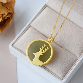 

Natural Hetian jade elk Pendant Necklace Chinese style retro palace style unique ancient gold craft women's silver jewelry