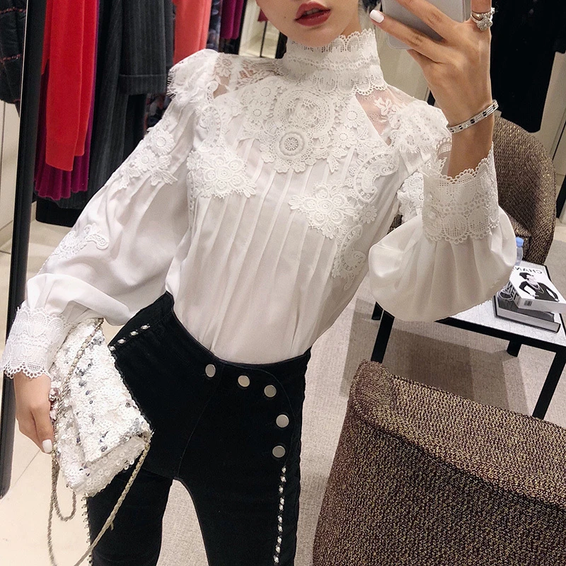 

Mesh Lace Patchwork Shirt Female Stand Collar Lantern Sleeve Woman Blouses 2019 Autumn Korean Fashion Clothing New