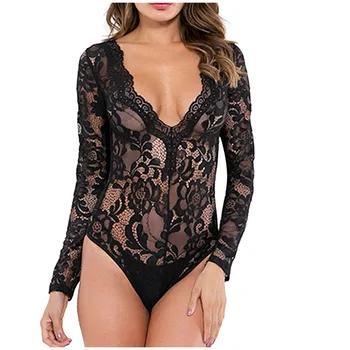 

Women Sexy Long Sleeved Bodysuit Lace Perspective V-neck Skinny Bodysuits Female Slim Body Suit Mujer Solid High Waist Jumpsuit
