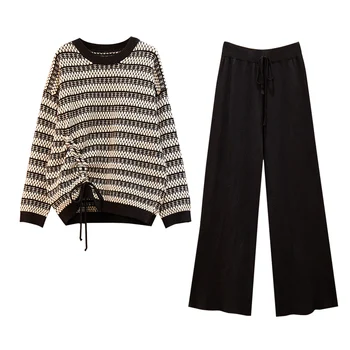 

Autumn Winter Women New Knitting Stripe Sweater Loose Black Pants Korean Fashion Suits 2 Pcs Clothing Set Casual Outfit Big
