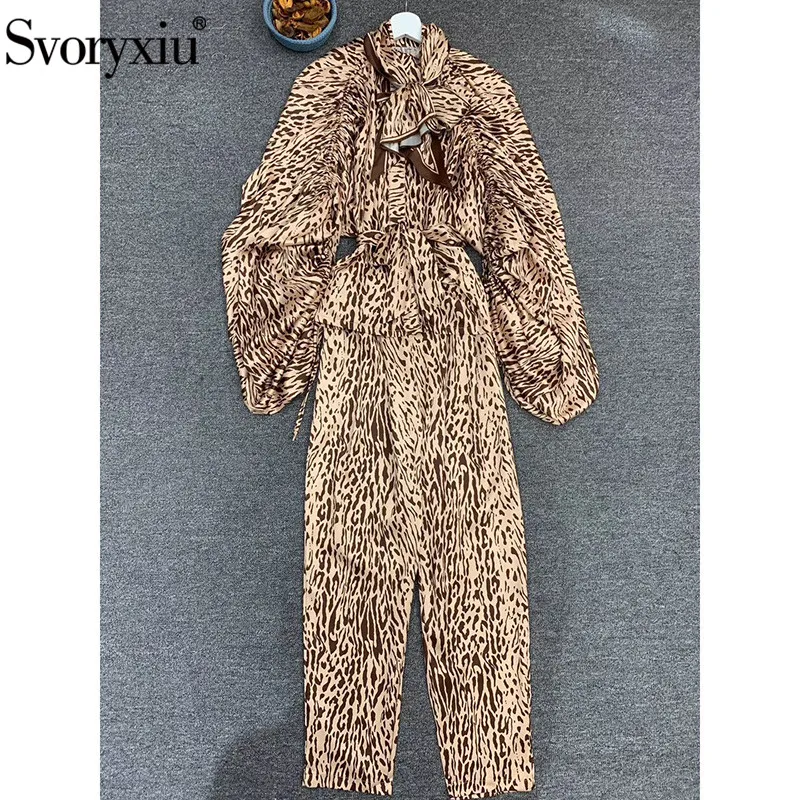 Svoryxiu/модный дизайнерский осенний винтажный комплект из двух предметов с леопардовым принтом, женский шарф с пышными рукавами, блузка+ штаны, повседневные Костюмы