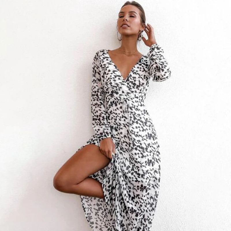 

Fall / Winter 2020 New V-neck Print Long Sleeve Lace Up Dress Women