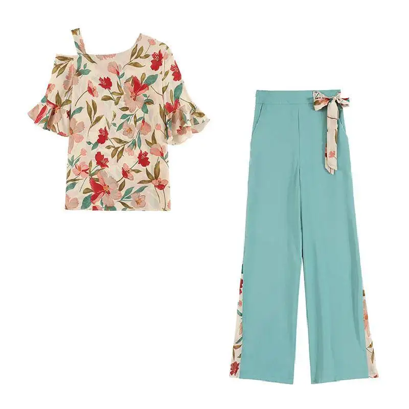 Новые Модные Элегантные шифоновые костюмы из 2 предметов летние женские рубашки с коротким рукавом и цветочным принтом Блузка и широкие брюки наборы