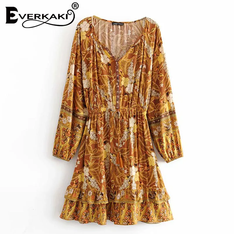 Orange Everkaki Boho мини-платье с принтом для женщин, эластичная талия, v-образный вырез, винтажное элегантное женское короткое летнее платье, Vestidos, новинка - Цвет: Orange
