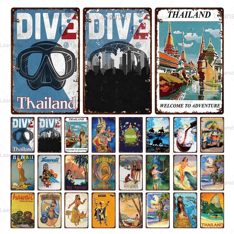 

Metal Iron Sheet Painting City Travel Hawaii &Thailand Party Metal Tin Sign Aloha Beach Plate Wall Pub Cafe Home Art Craft Decor