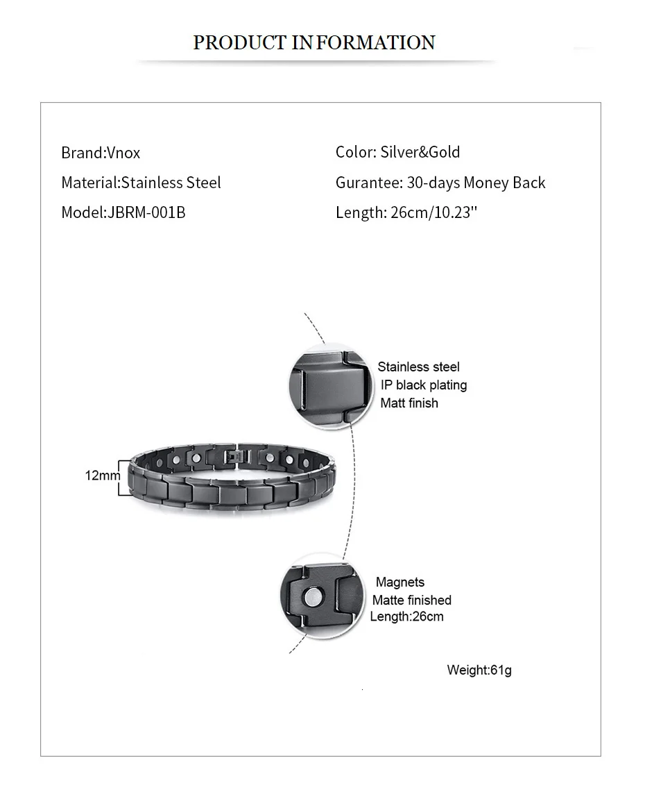 Vnox Bio Energy Power Balance Magnetic Anklet for Men Stainless Steel Therapy Healing Jewelry