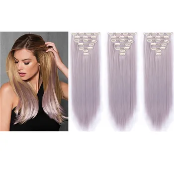 

Hywamply 22" Long Straight 7pcs/set 16 Clips Synthetic Clip in Hair Extensions Pink Frost Clip-in for Thin Hair Hairpiece