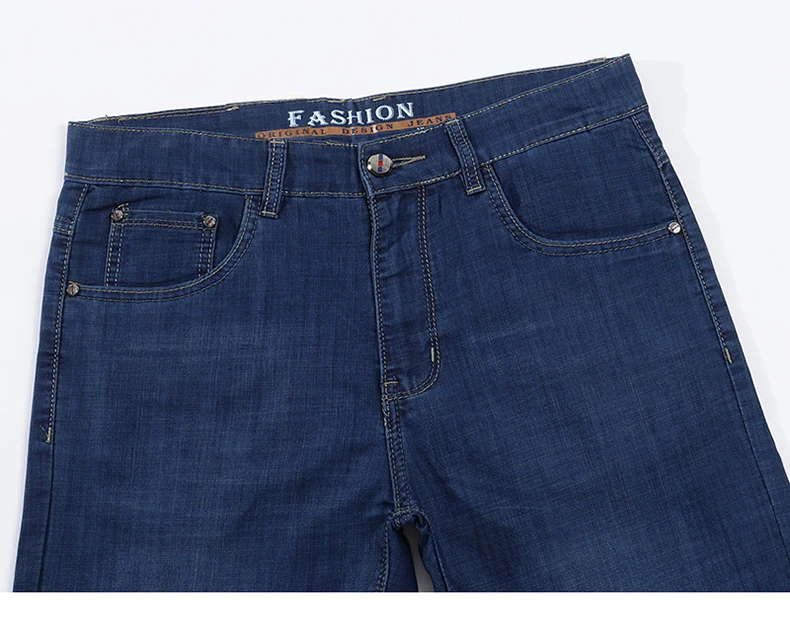 KSTUN Summer Denim Shorts Jeans Men Blue Slim Straight Business Casual Knee Length Shorts High
