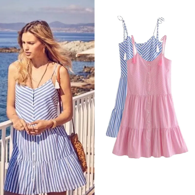 

Europe And America Pastoral Style Camisole Button Dress 2018 Summer Tassels Strap Stripes Casual Skirt Fashion J8501