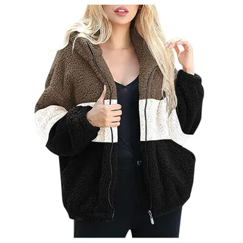 

Women Patchwork Color Coats Contract Color Fleece Long Sleeve Hooded Zipper Jacket Coat Outwear Overcoat #1127