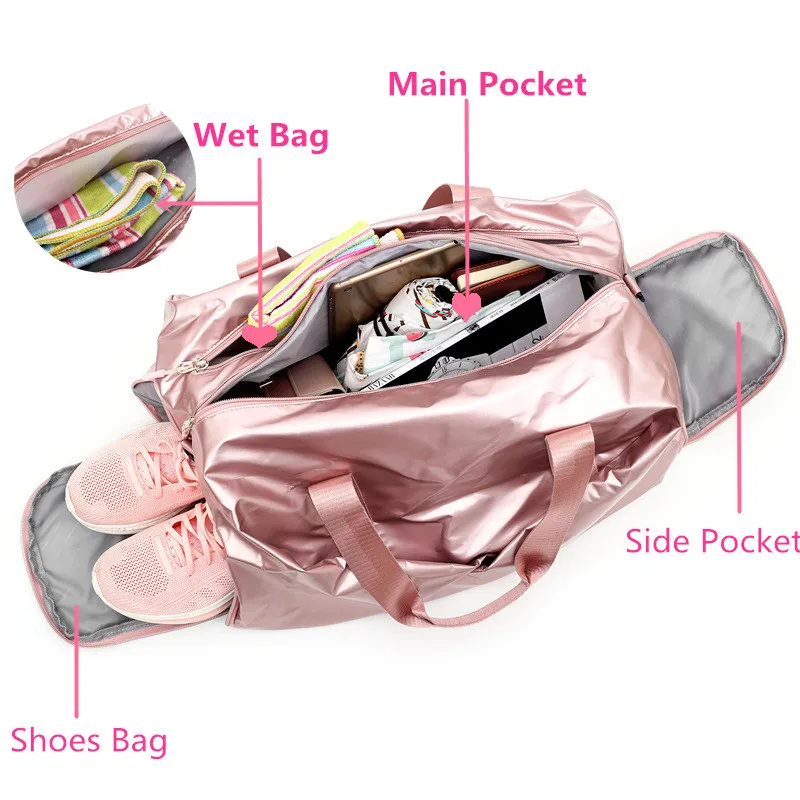 Glossy Yoga Mat Bag Fitness Gym Bag Dry Wet Tas Handbags for Women Shoes Travel Training Sac De Sport Pink Gymtas Duffel