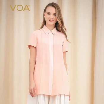 

VOA heavy silk bare powder 40mm doll neck dark set with white edge pair silk short sleeve roll strip loose long cardigan B9066