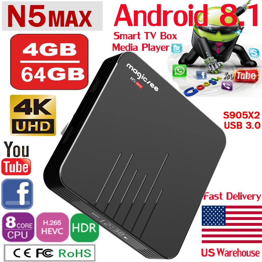 MAGICSEE N5 Max tv Box медиаплеер 4 Гб+ 64 Гб/32 ГБ Android 8,1 4K WiFi BT 4,1