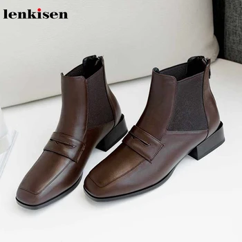 

Lenkisen genuine leather office lady dress square toe zip med heels vintage fashion solid punk winter warm women ankle boots L16