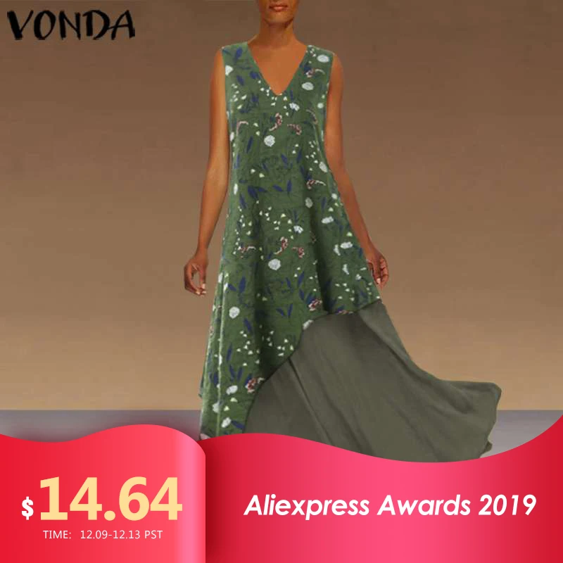 Асимметричное длинное платье VONDA, женское летнее сексуальное длинное платье без рукавов с v-образным вырезом, повседневное свободное летнее платье размера плюс, Vestidos
