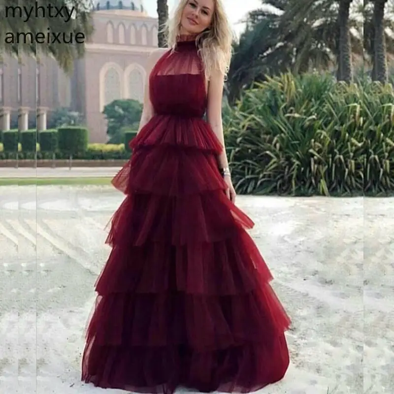 

New Arrival Plus Size High Neck Sexy Big Red Cake Skirt Evening Dress 2019 Long Dresses Party Gown Robe De Soiree Gowns Longue