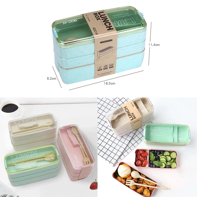 Wheat Straw Lunch Box Healthy Material 3 Layer 900ml Microwave