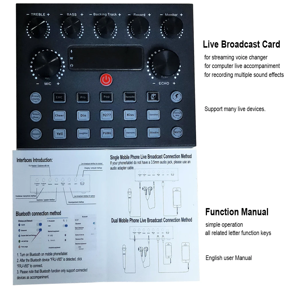 Live Sound Card Sound Mixer Board for Phone Computer Live Streaming Voice Changer Recording Music External Multiple Sound Effect