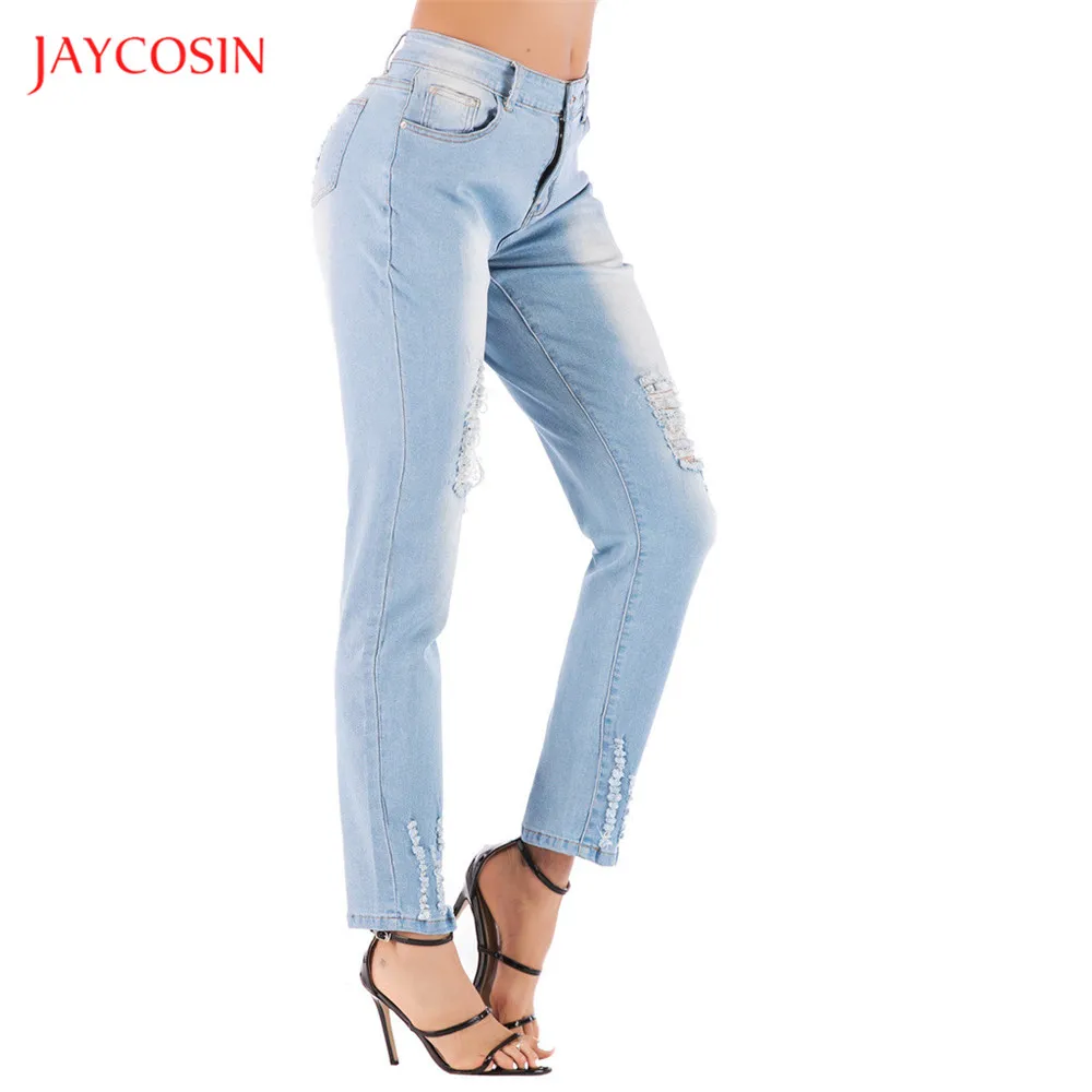 Jaycosin новые модные женские джинсы деним винтажные потертые джинсы старого размера плюс с дырками джинсы с карманами на пуговицах повседневные женские штаны